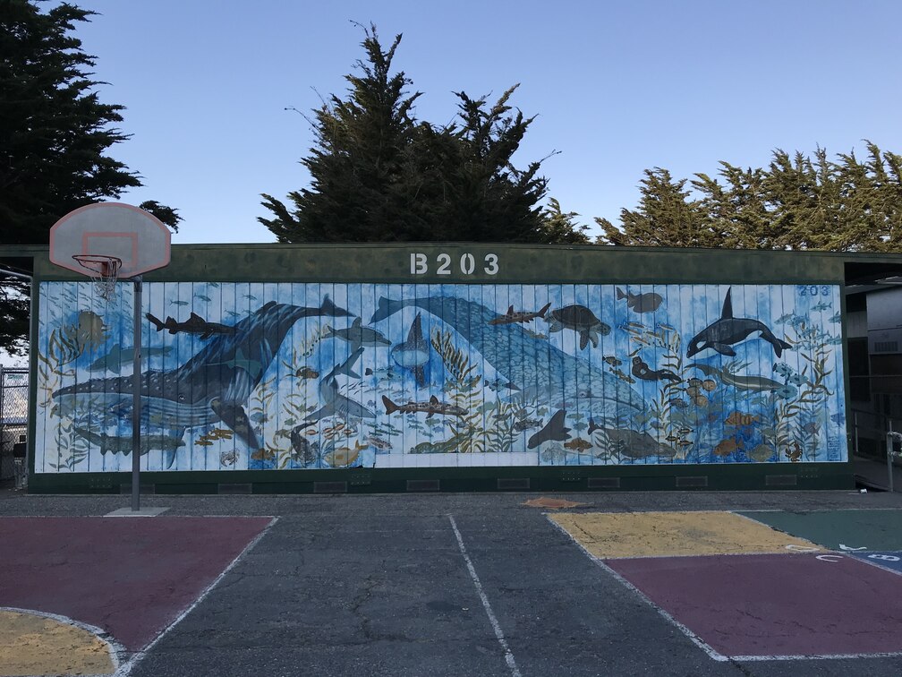 The Ocean Mural, depicting the diverse sea life of the Channel Islands, was painted on the side of Bungalow B203.