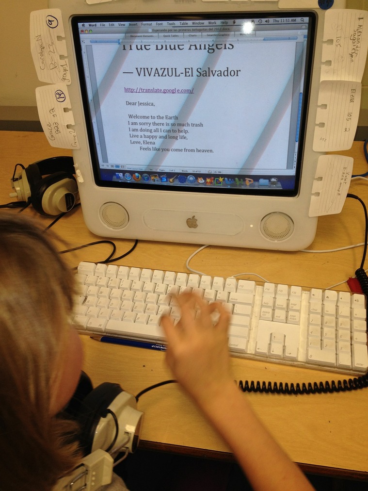 A student types a welcome message to a baby sea turtle named Jessica in the computer lab.